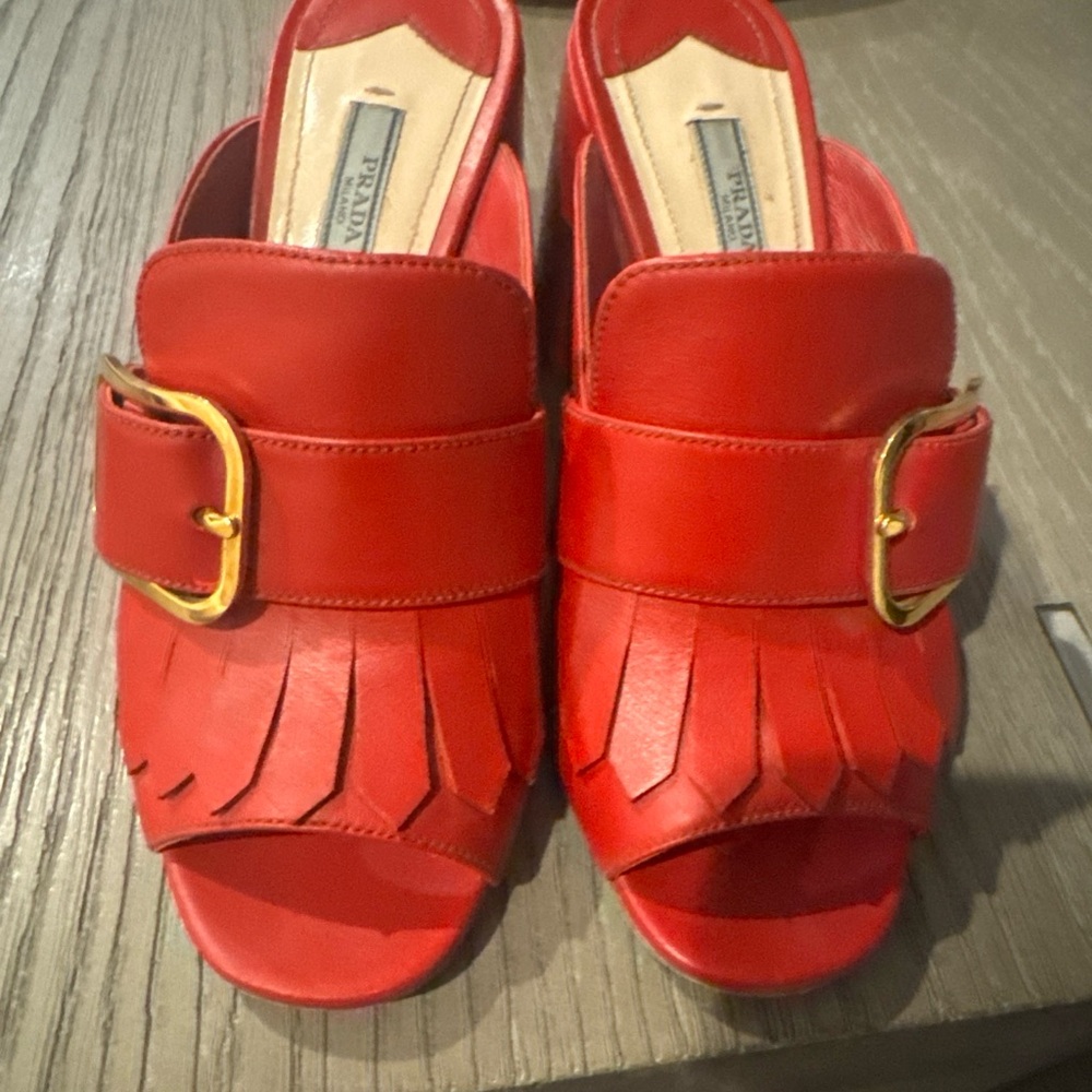 Prada Red Leather Mules with Gold Buckle